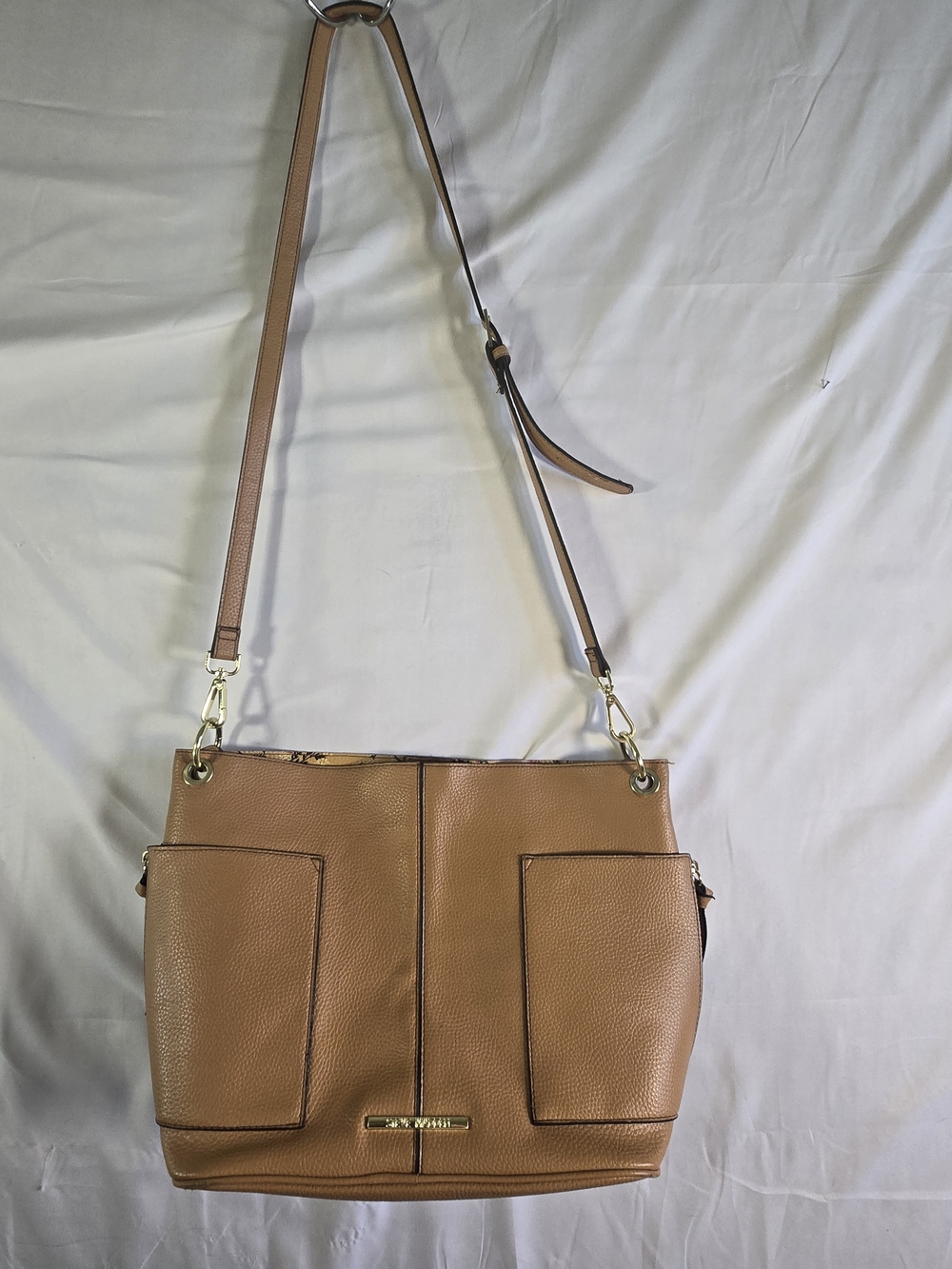 Steve Madden Tan Pebbled Shoulder Bag Zip/Snap Floral Lining Gold Hardware